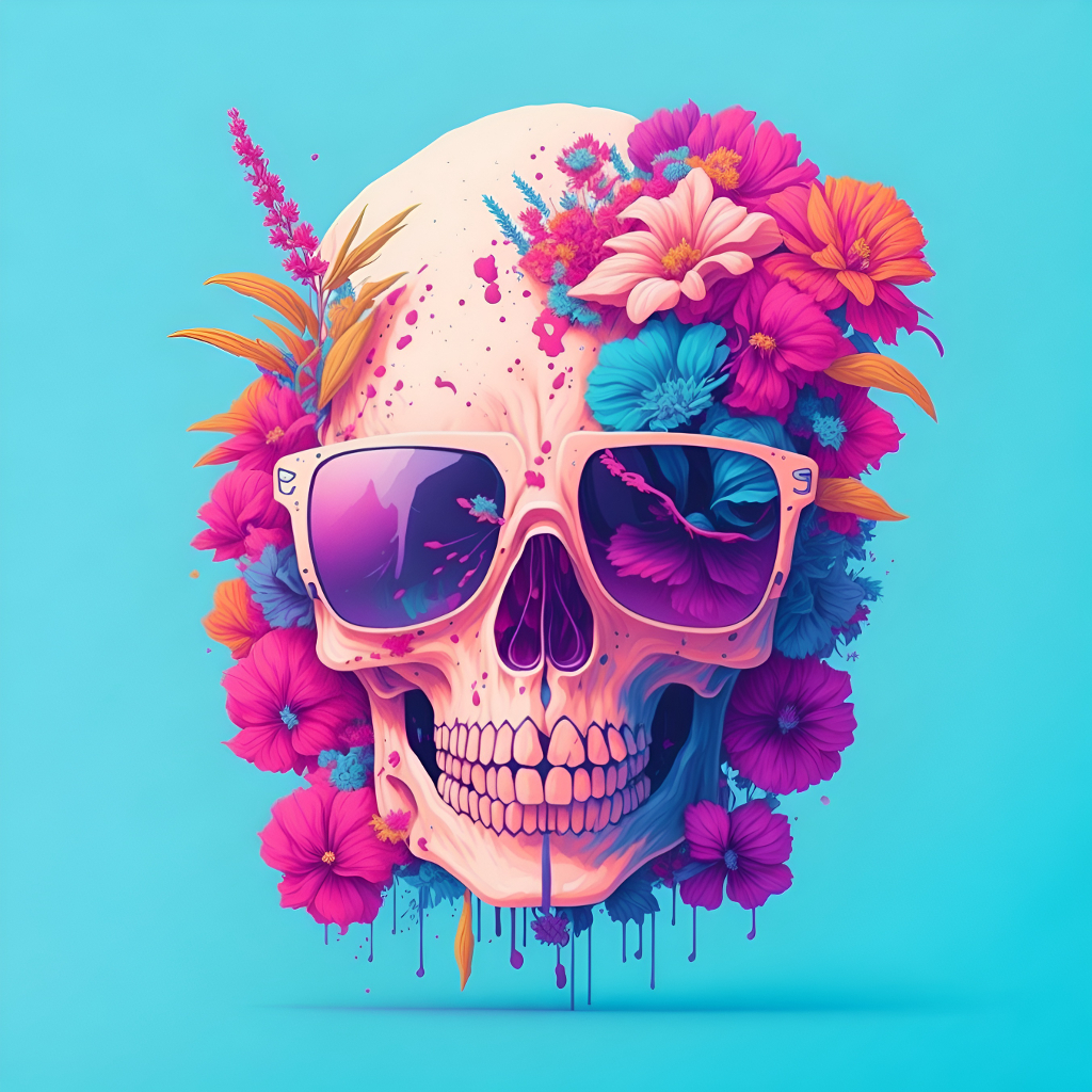 A Painting of a Skull Wearing Sunglasses and Flowers. black and white photography