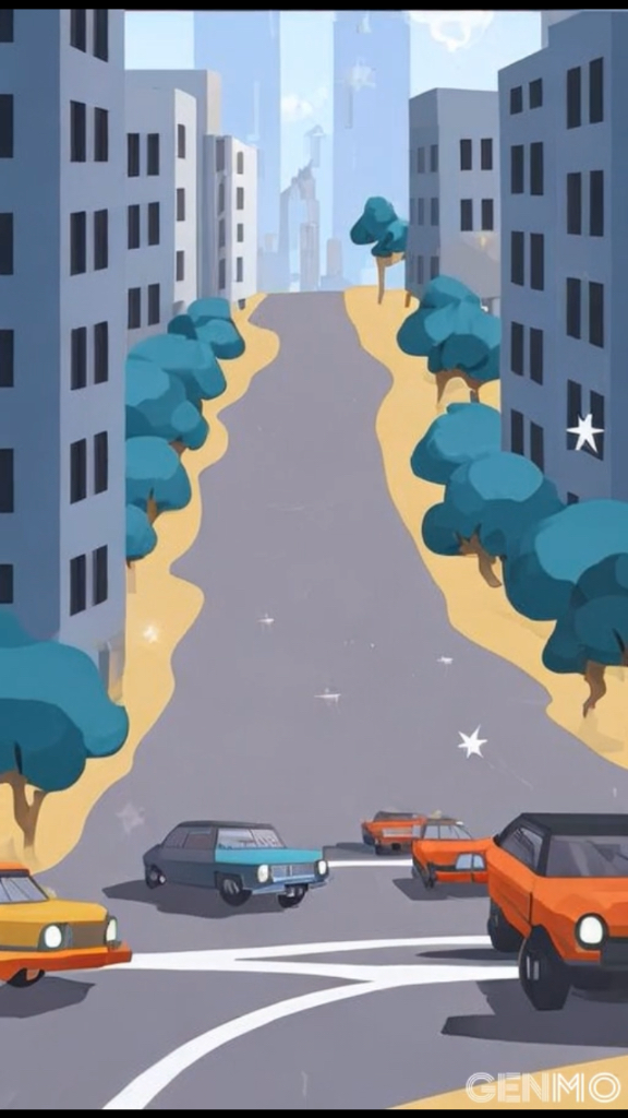 a cartoon of a city street filled with stars. replace all the vehicles with stars