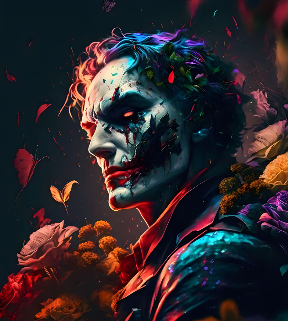 A man with a clown makeup and flowers in his hair. Add a big red nose. Add a big red nose.