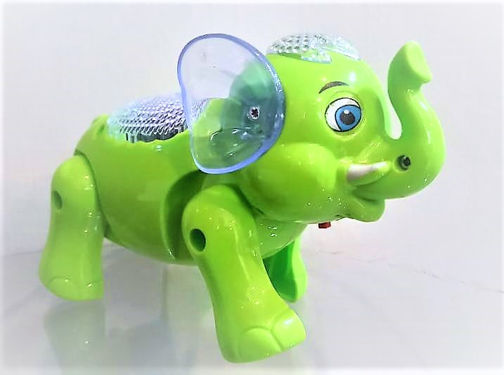 a green toy elephant with a magnifying glass in its trunk