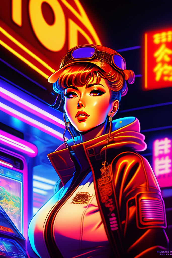 a woman standing in front of a neon sign