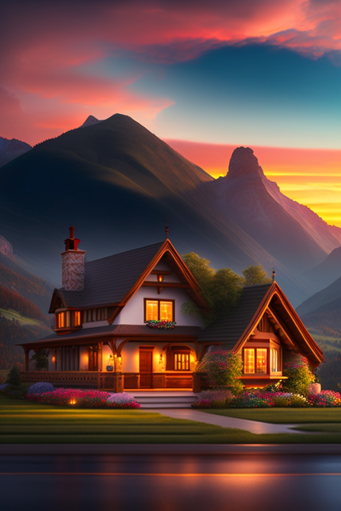 a painting of a house with mountains in the background