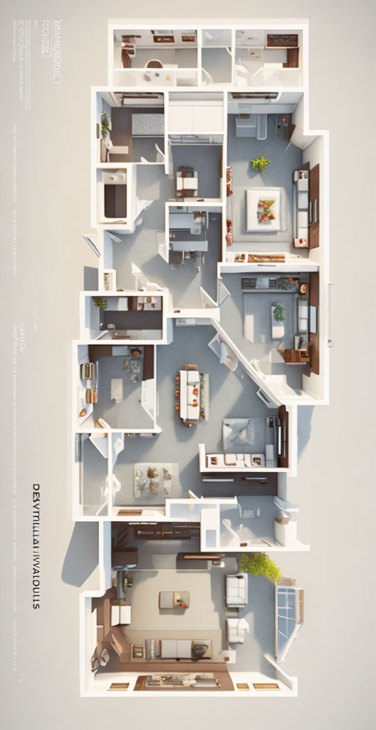 a floor plan of a sleek and modern three bedroom apartment. make it sleek and modern