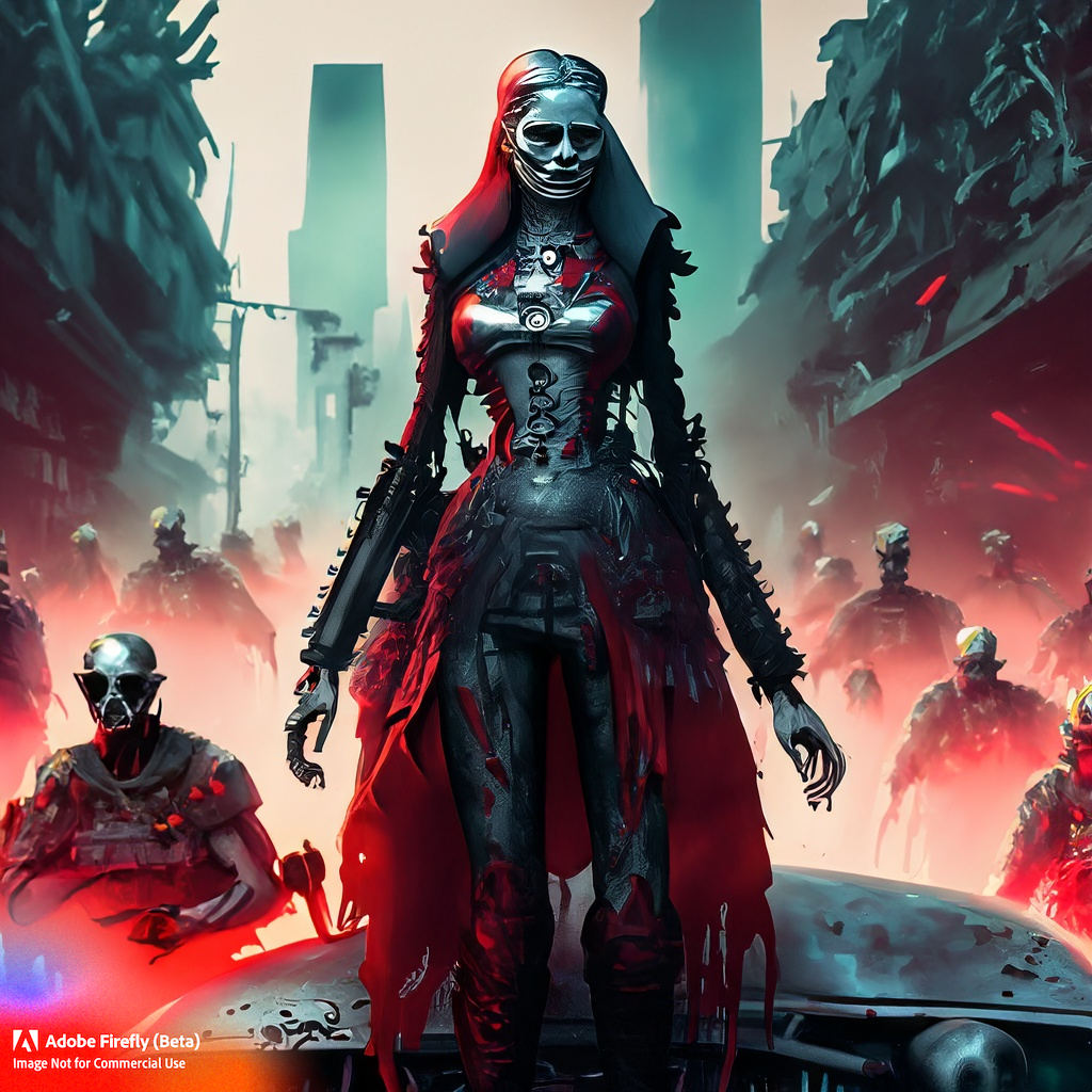 red, cg artwork, art, fictional character, event, carmine, darkness, graphic design, action film, magenta. The central person raises her arms to the sun while more zombies close in