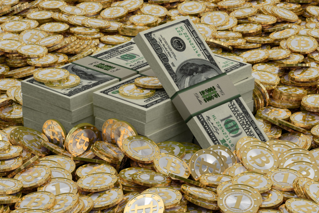 A pile of money with a stack of cash. Replace the stacks of gold coins with a pile of cash