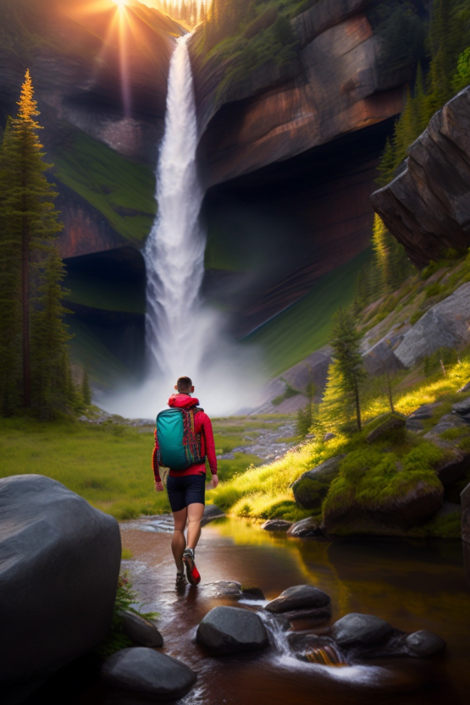 A man walks towards a waterfall in 1080p resolution. a man with a backpack walking towards a waterfall. Make waterfall in background in 1080p resolution