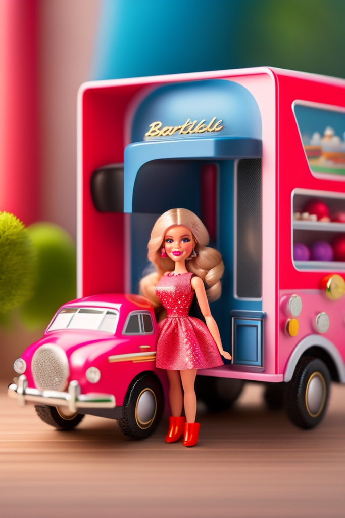 Wheel, Tire, Vehicle, Motor Vehicle, Toy, Car, Doll, Pink Barbie, Plant. Turn it into a scene from a children's book