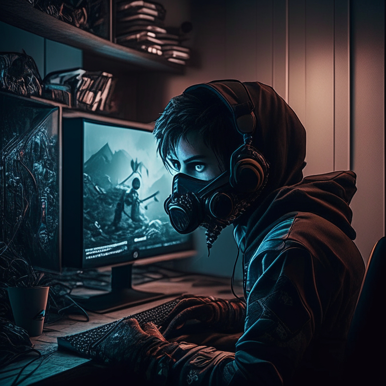 a man in a gas mask is working on a computer