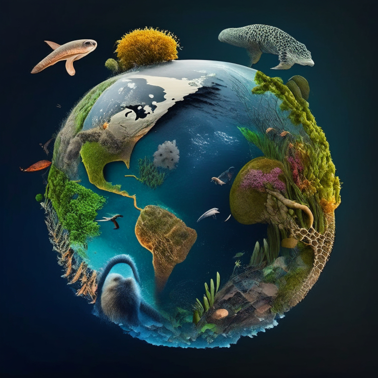 an image of a planet with animals and plants on it