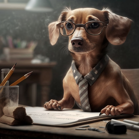 a dog wearing glasses and a tie sitting at a desk