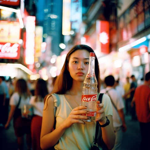 a woman holding a bottle of coca cola