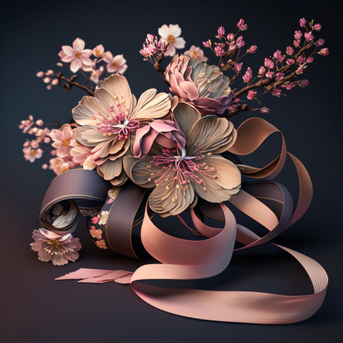 a bouquet of flowers with ribbons on a black background