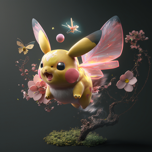 a pikachu flying through the air next to a tree