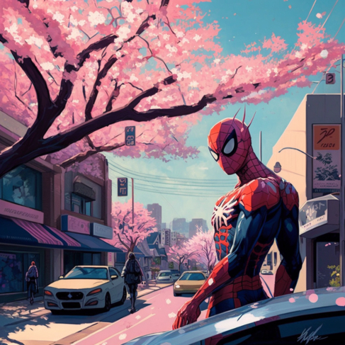 a painting of a spider man standing on a city street