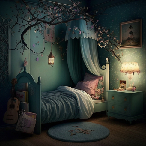 a bedroom with a bed and a tree in the corner