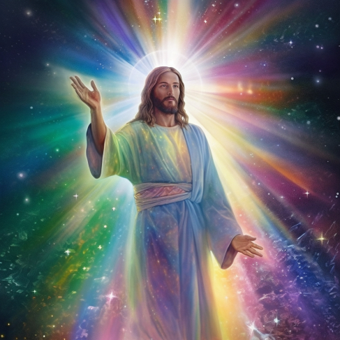 a painting of jesus with his arms outstretched