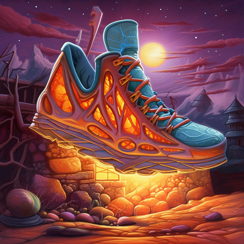 a painting of a pair of shoes on a rock