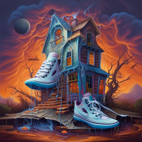 a painting of a pair of shoes in front of a house