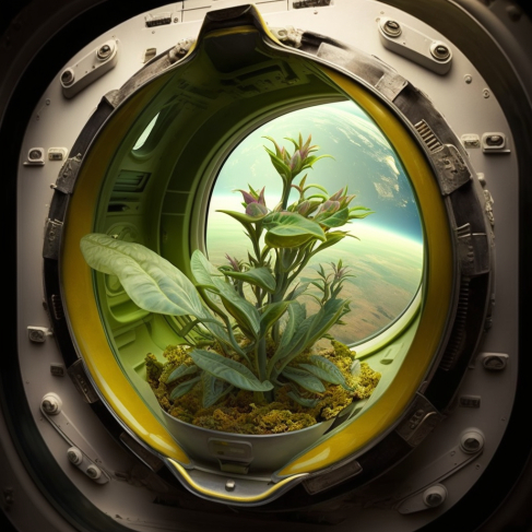 a plant inside of a space station window