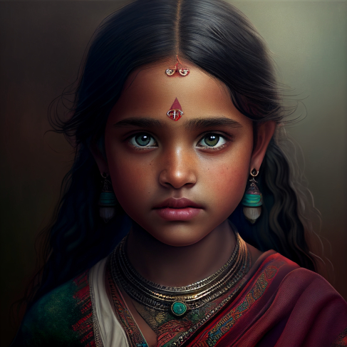 a painting of a young indian girl with blue eyes