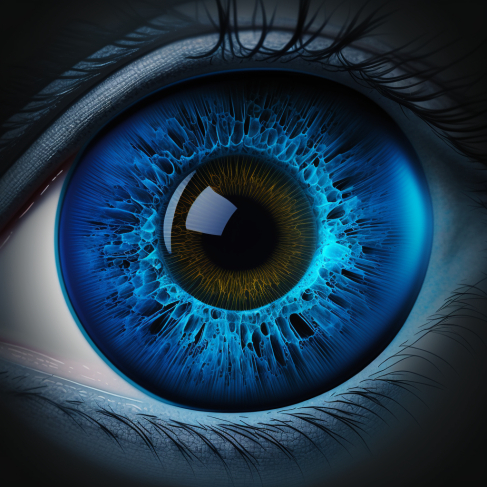 a close up of an eye with a blue iris