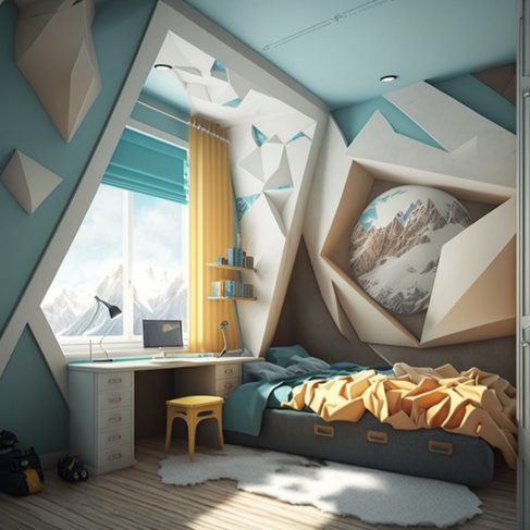 a bedroom with a bed, desk, and window