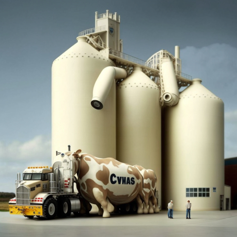 a cow is standing in front of a large tank