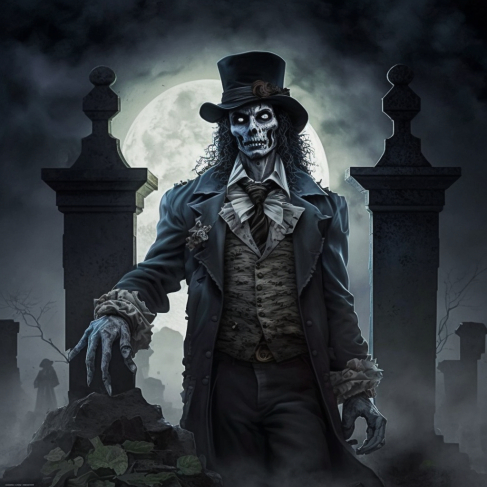 a skeleton dressed in a top hat and coat