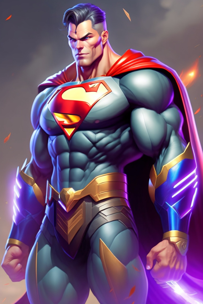 a man in a superman suit standing in front of a dark sky