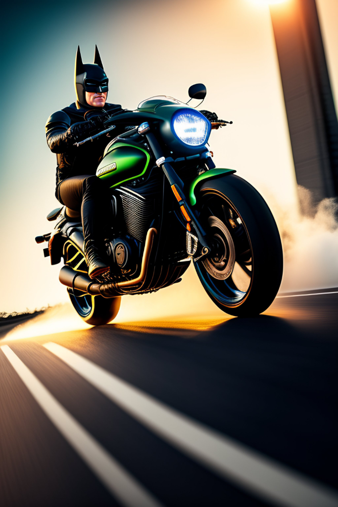 a man riding a motorcycle down a street next to a tall building