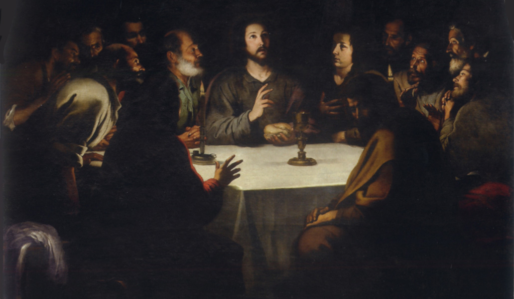 a painting of a group of people around a table